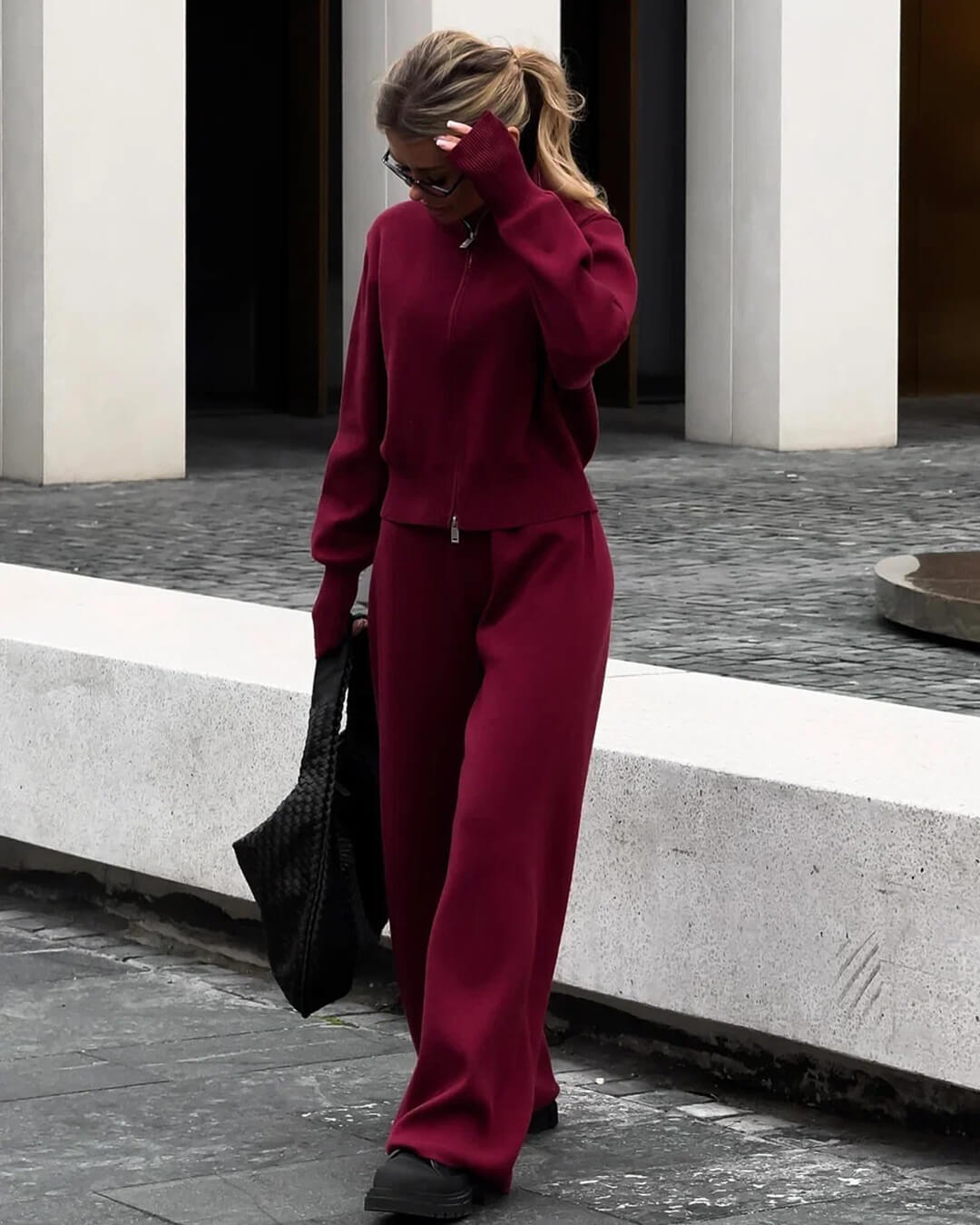 SEAME - Clarisse Set - Cozy Knitted Jacket and Wide Leg Trousers Burgundy XS