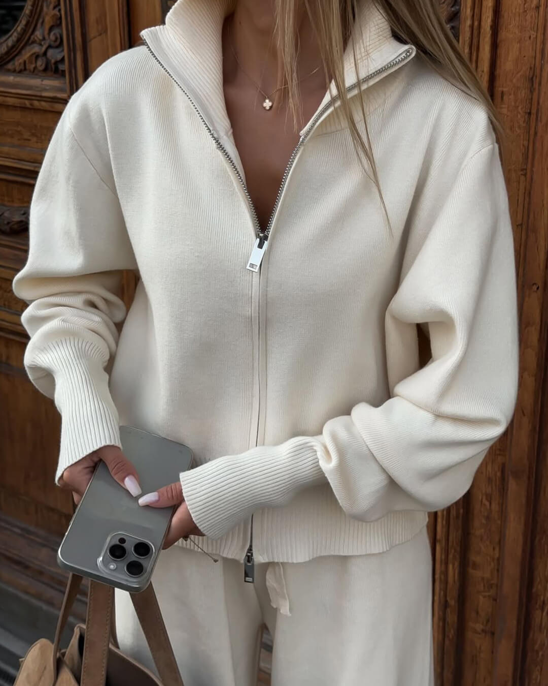 SEAME - Clarisse Set - Cozy Knitted Jacket and Wide Leg Trousers White XL