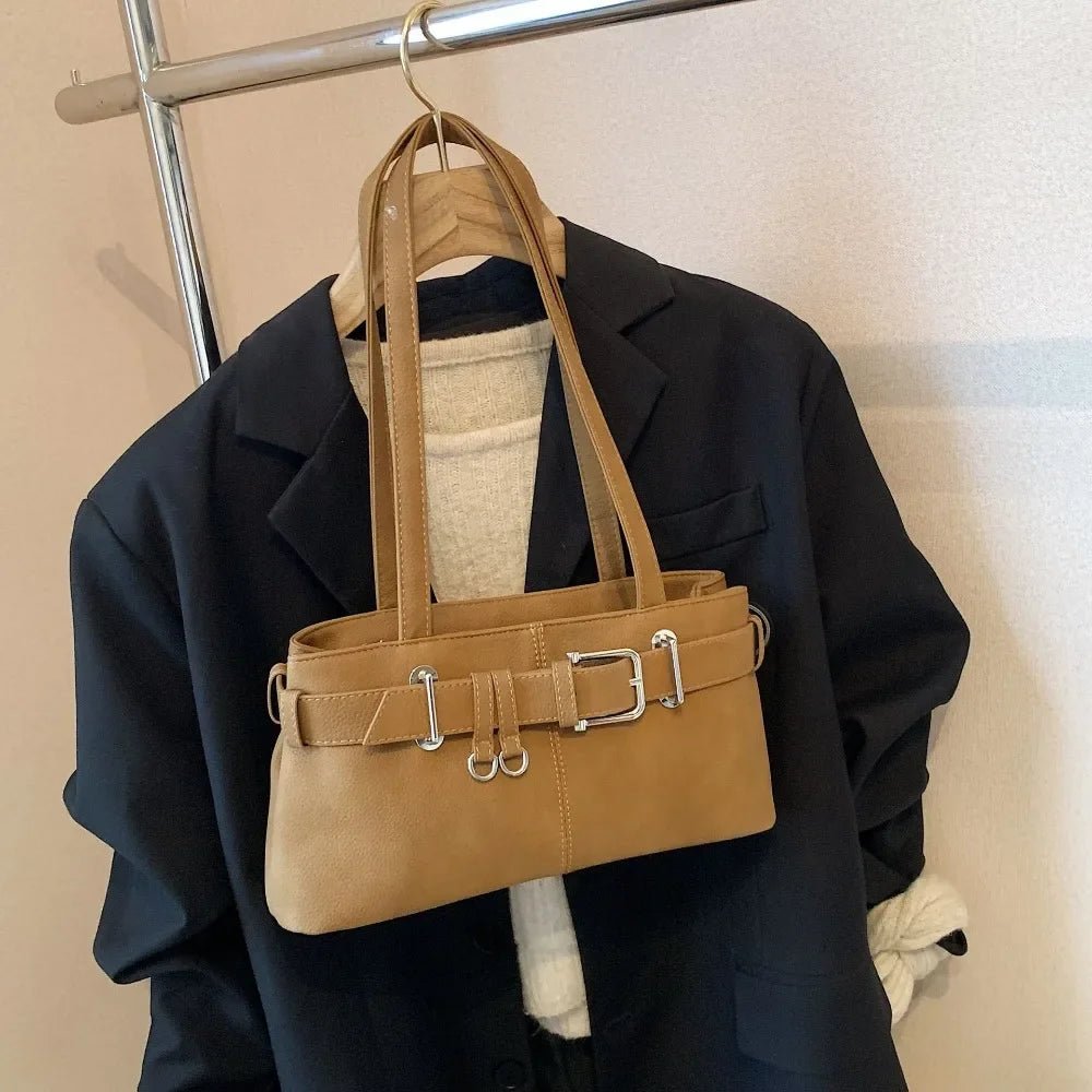 SEAME - Gemma - Retro Texture Tote Bag with Secure Belt Lock Closure Brown