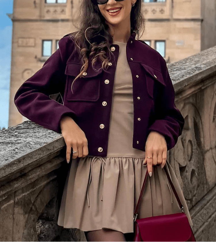 SEAME - Leah Bomber Jacket with Golden Details Burgundy M