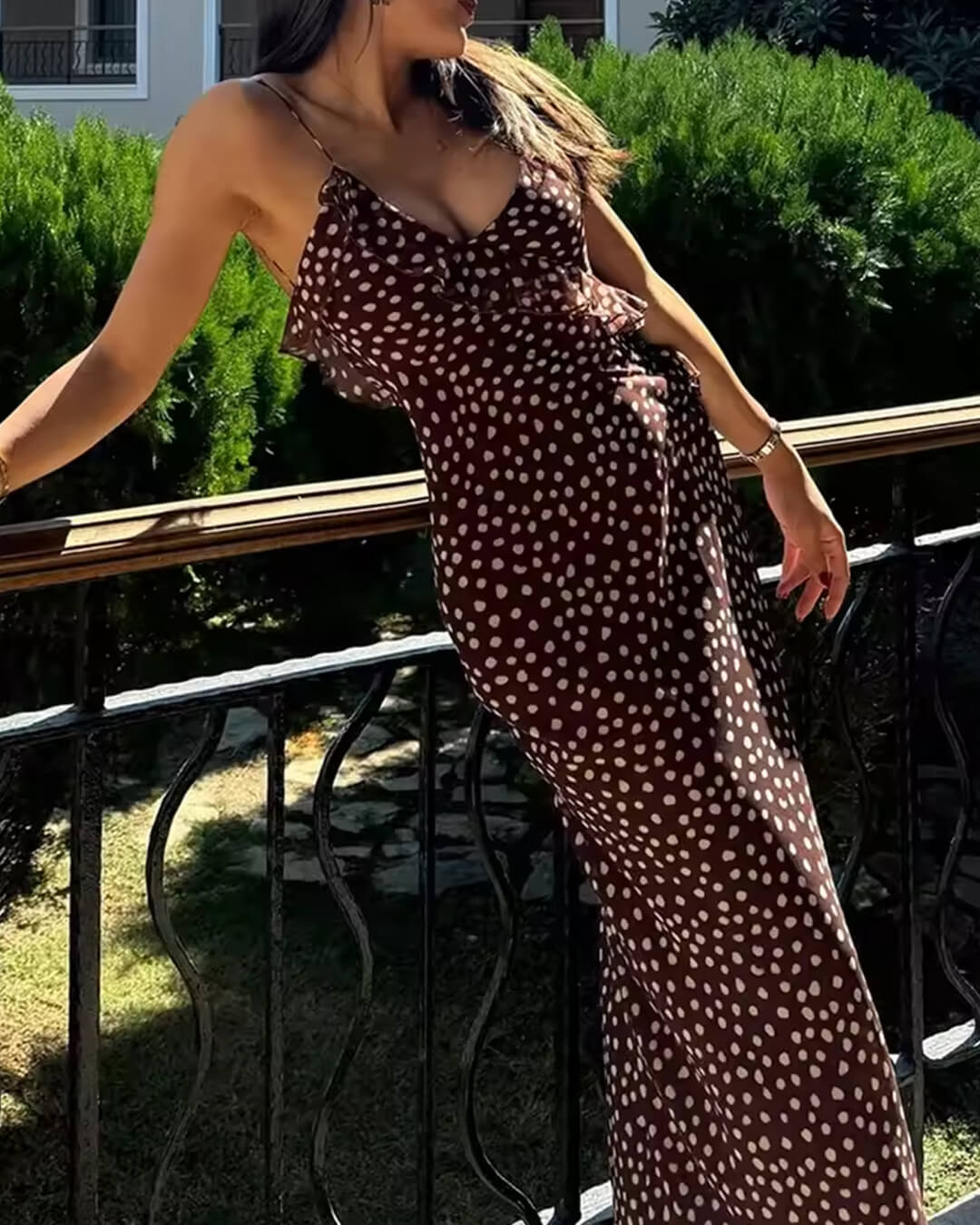 SEAME - Eloise Women's Dress - Sleeveless Polka Dot Suspender with Layered Design Brown XS