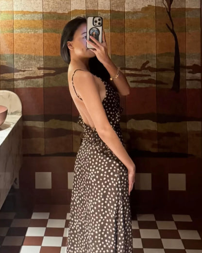 SEAME - Eloise Women's Dress - Sleeveless Polka Dot Suspender with Layered Design Brown XS