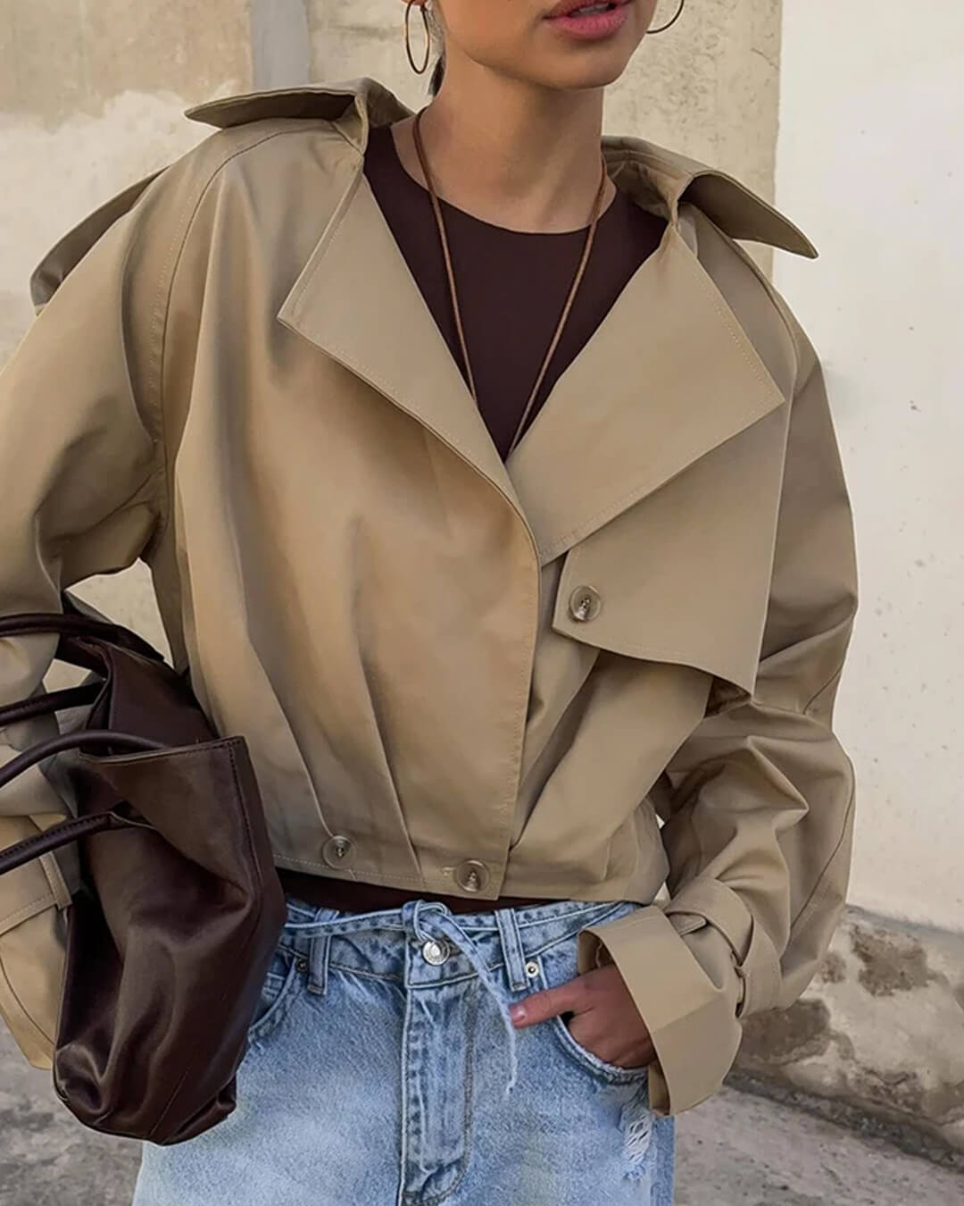 SEAME - Emma - Women's Cropped Trench Coat with Lapel Collar & Belted Cuffs Light Brown L