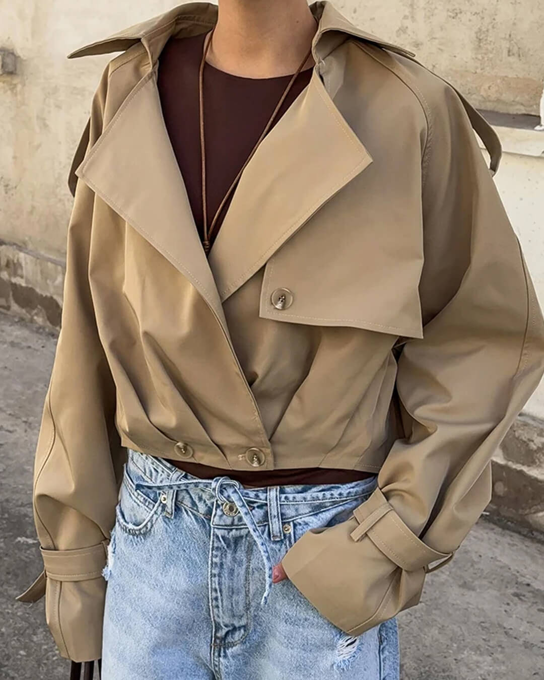 SEAME - Emma - Women's Cropped Trench Coat with Lapel Collar & Belted Cuffs Light Brown L