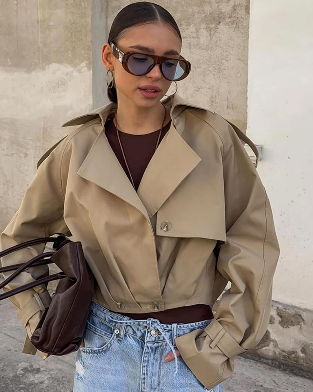 SEAME - Emma - Women's Cropped Trench Coat with Lapel Collar & Belted Cuffs Light Brown S