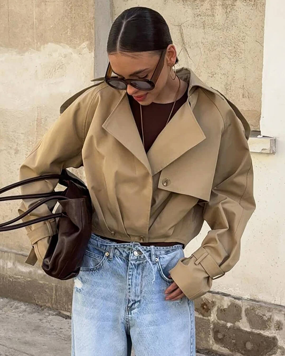 SEAME - Emma - Women's Cropped Trench Coat with Lapel Collar & Belted Cuffs Light Brown M