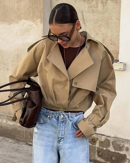 SEAME - Emma - Women's Cropped Trench Coat with Lapel Collar & Belted Cuffs Light Brown M