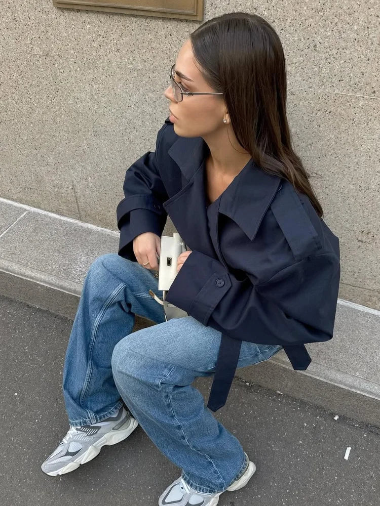 SEAME - Fabiana Oversized Belted Trench Coat Navy M