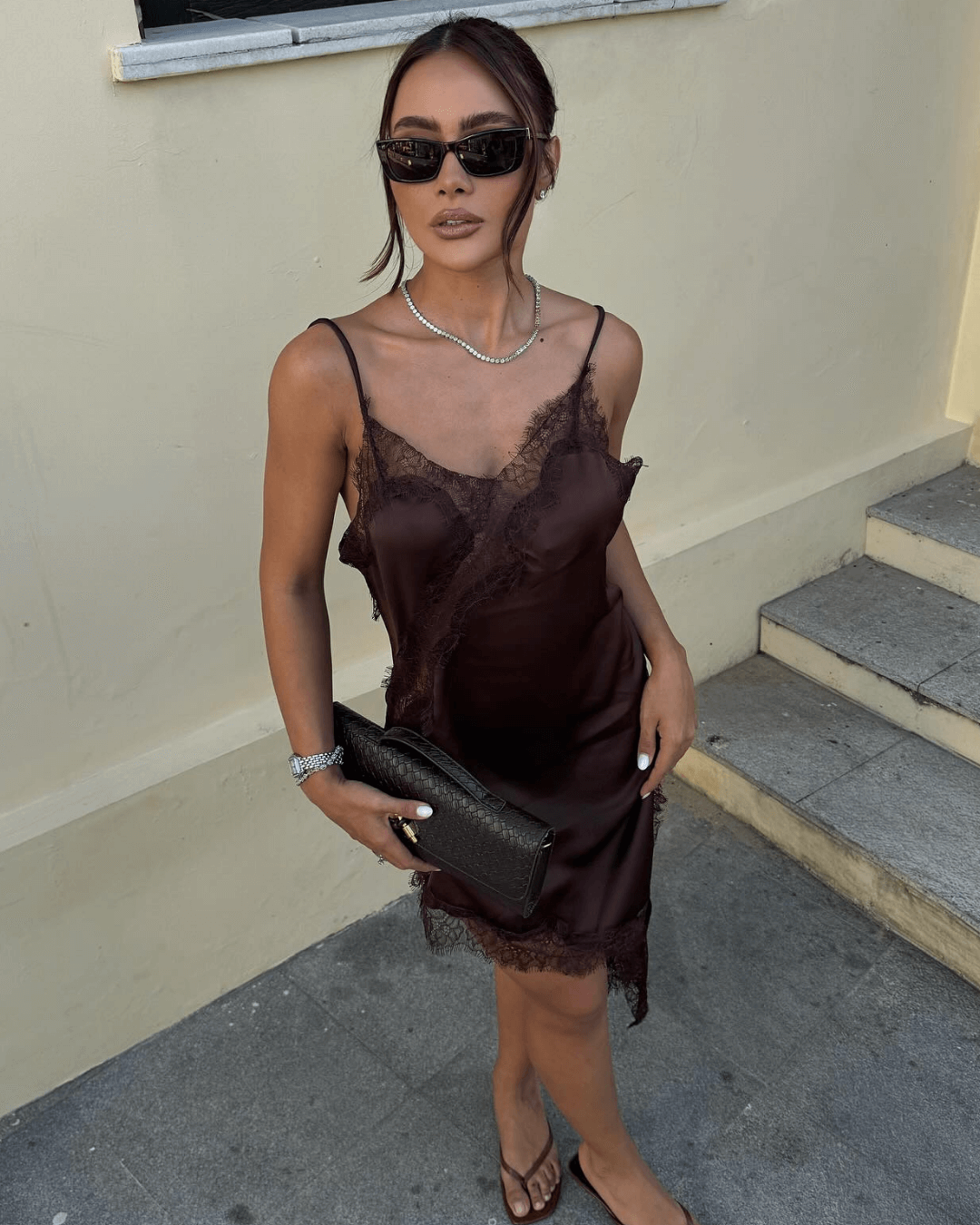 SEAME - Pia Asymmetric Satin Lace Cocktail Dress Brown Dress L