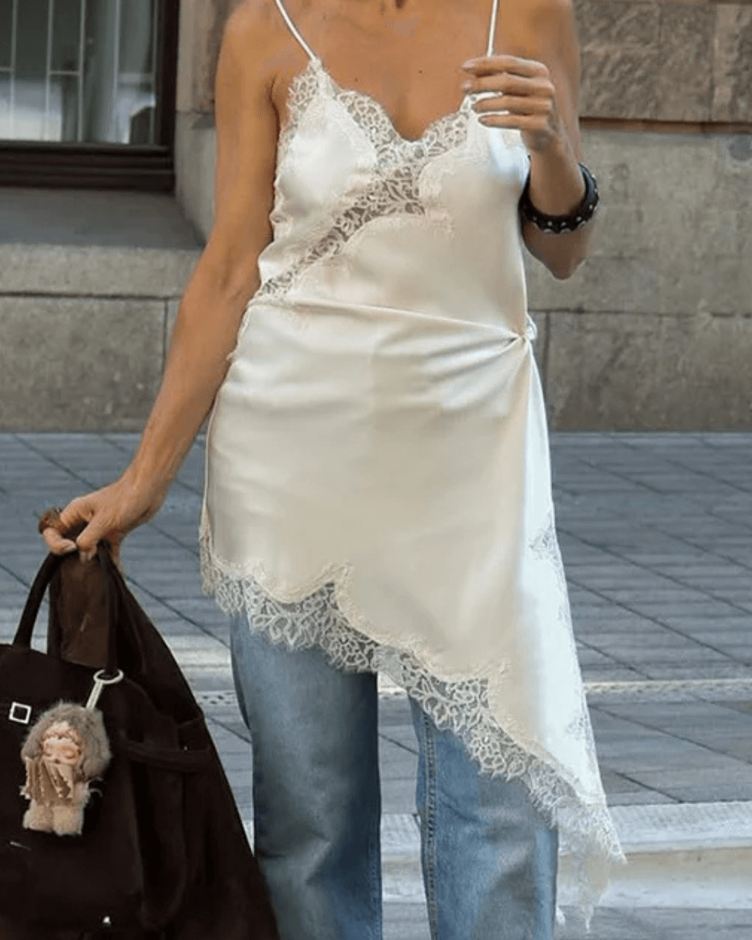 SEAME - Pia Asymmetric Satin Lace Cocktail Dress White S