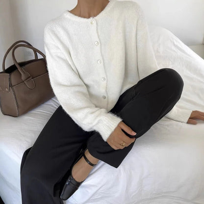 SEAME - SEAME Women's Long Vintage Knitted Cardigan - Casual Cardigan White M